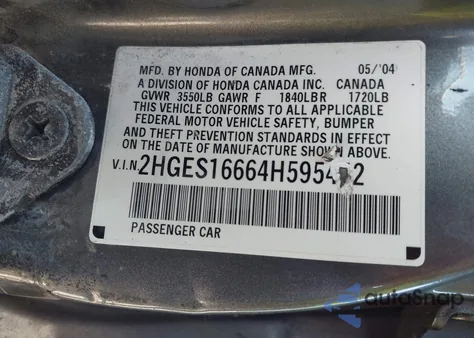 2004 Honda Civic Lx z USA, uszkodzony, nr VIN 2HGES16664H595442